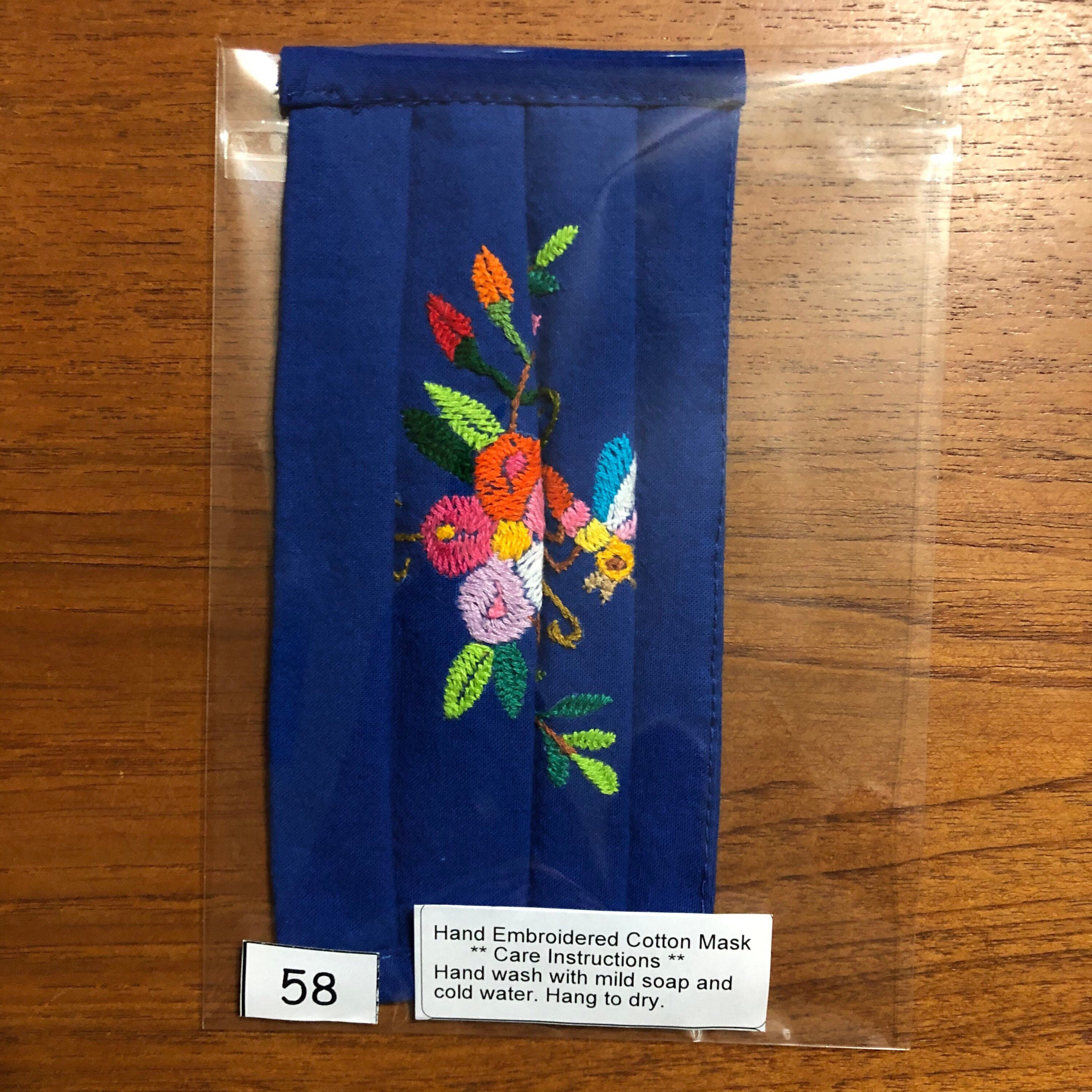 Handmade Muslin Cotton Face Mask with Otomi Embroidery Flowers and Bee Design Blue