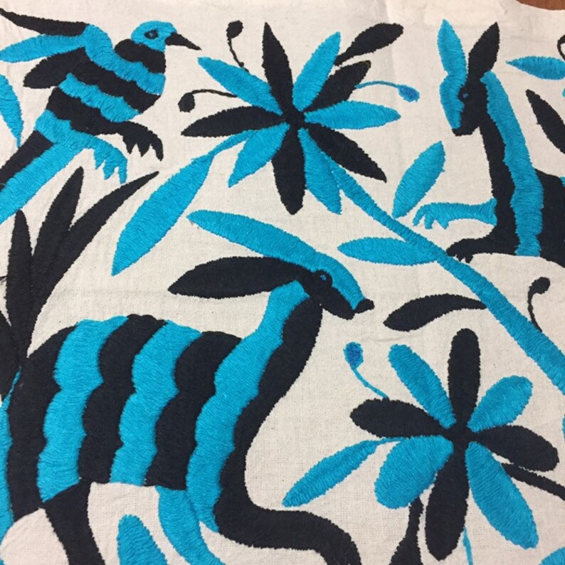 Turquoise and Black approx. 17 x 13 Hand embroidered Otom\u00ed placemat frame-able art