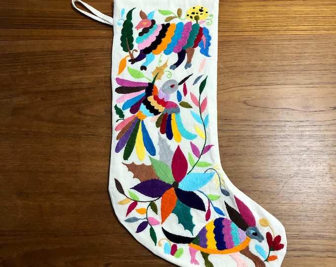 Hand Embroidered Otomi Large Christmas Stocking with Multicolor Embroidery from Hidalgo, Mexico (Off-White Cotton)