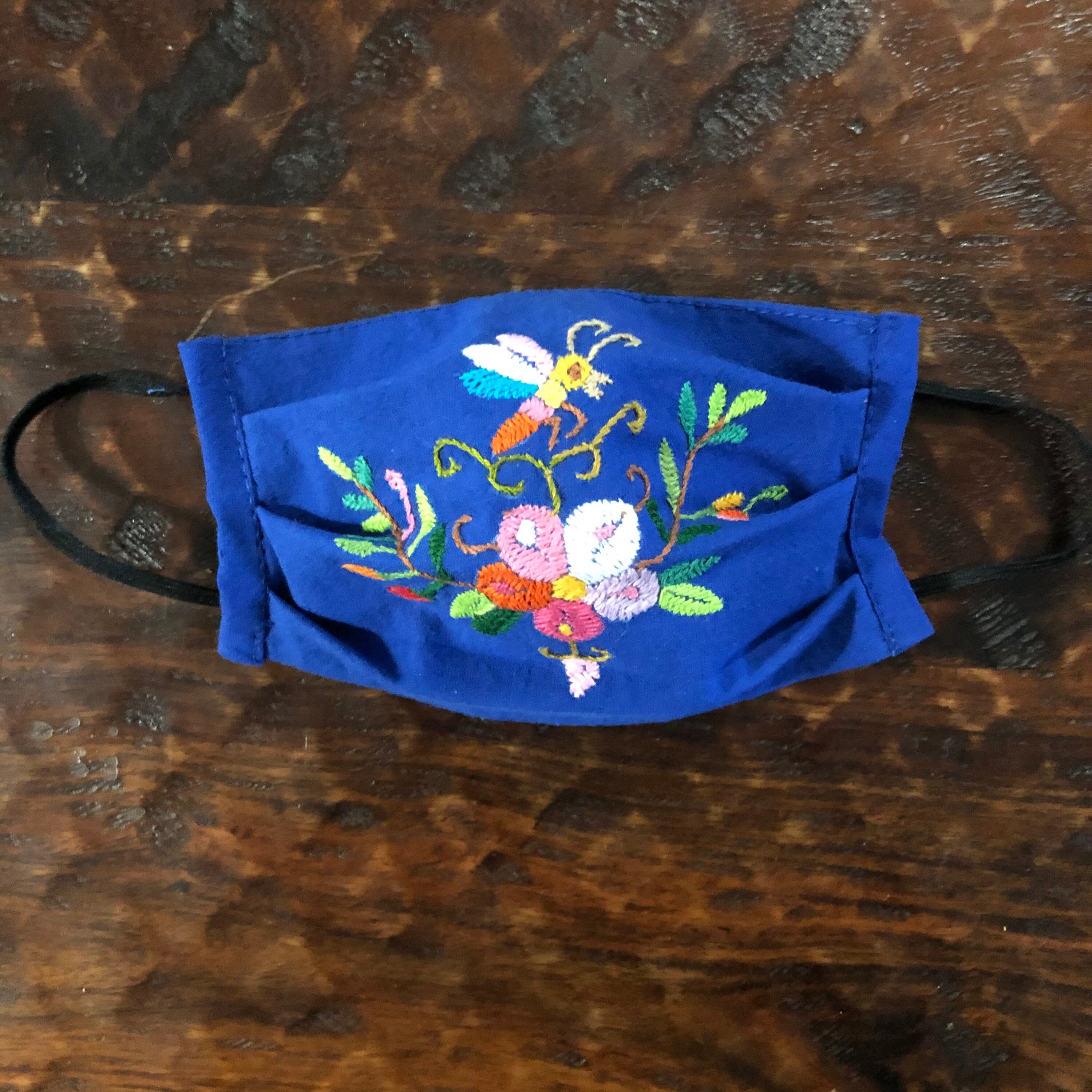 Handmade Muslin Cotton Face Mask with Otomi Embroidery Flowers and Bee Design Blue
