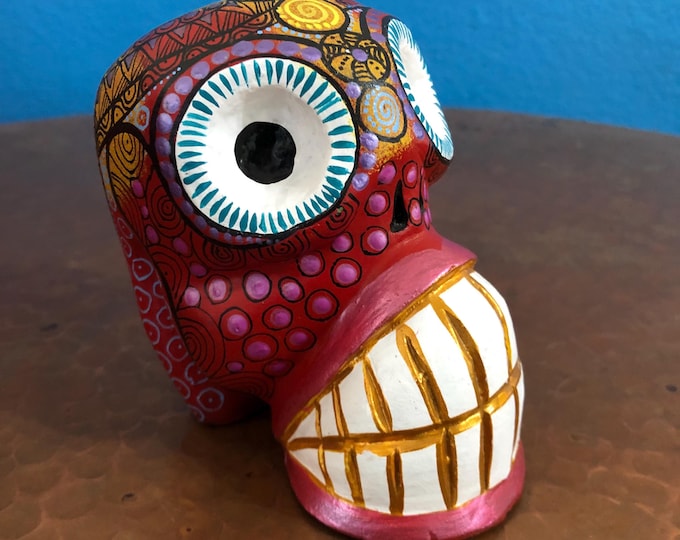 Alebrije Calavera Skull Handcrafted Wood Carving by Luis Garcia from Oaxaca, Mexico.