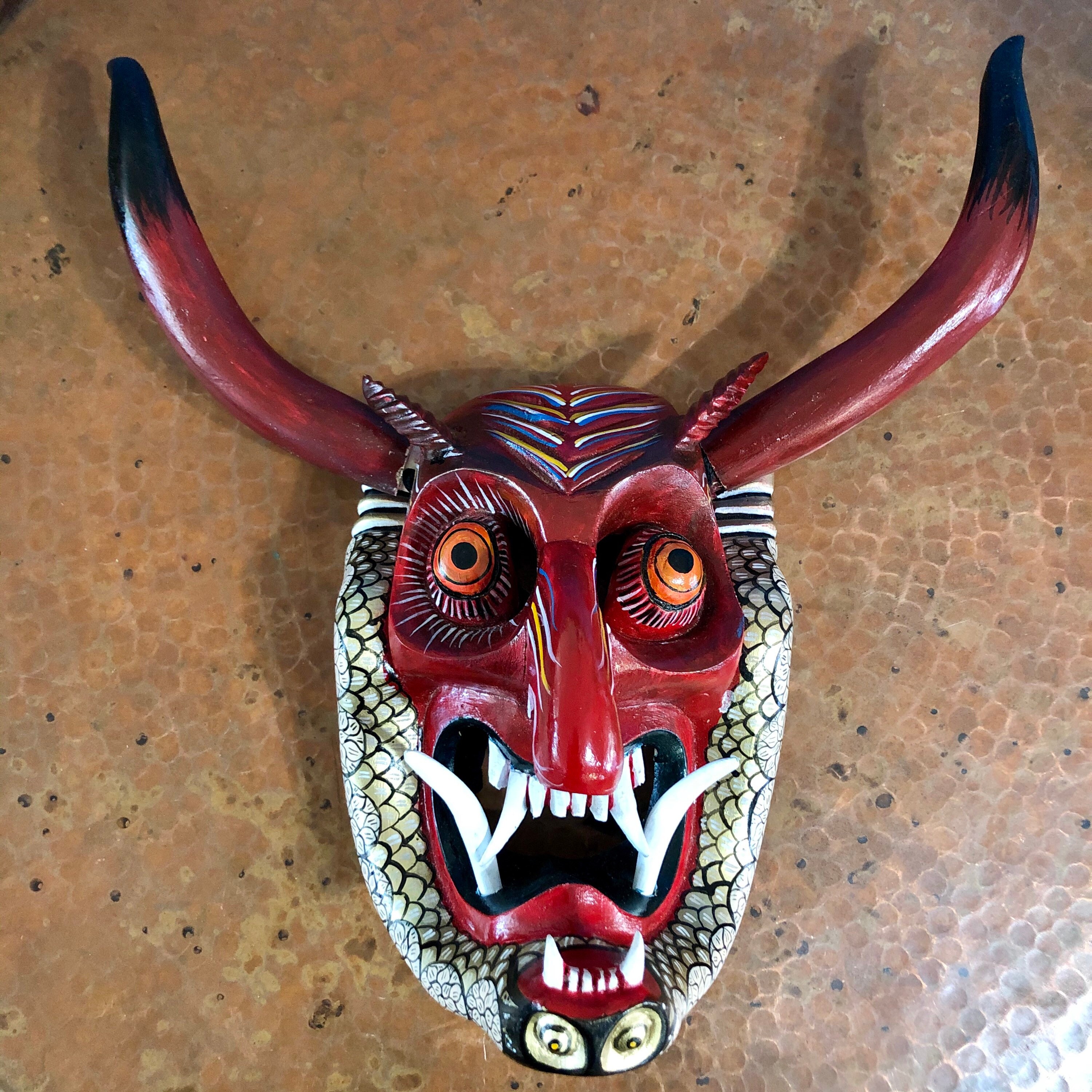 Medium Size Mexican Decorative Indigenous Diablo Devil Hand Carved Wood Wall  Mask