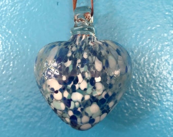 Hand Blown Glass Heart Ornament with Blue and White Confetti Design