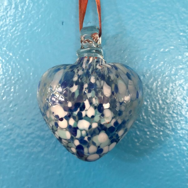 Hand Blown Glass Heart Ornament with Blue and White Confetti Design