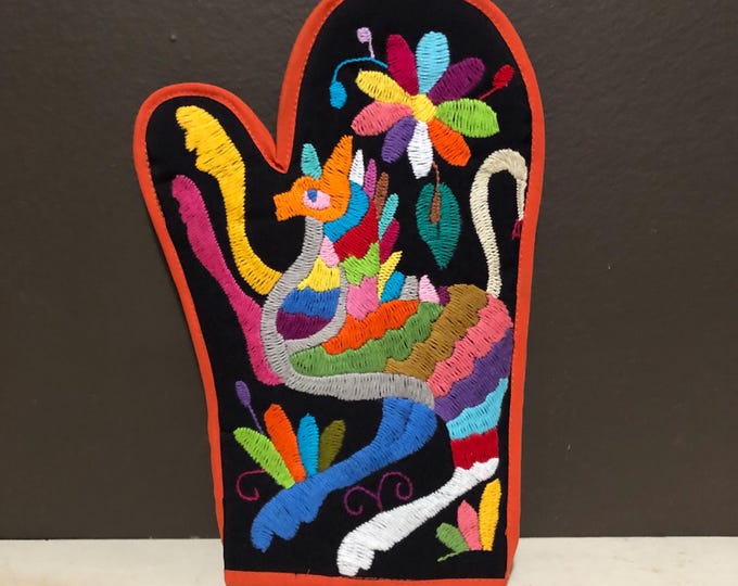 Hand Embroidered Otomi Oven Mitt / Pot Holder from Hidalgo, Mexico - Right-handed