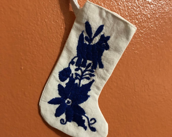 Hand embroidered Otomi Mini Stocking with Blue Embroidery from Hidalgo, Mexico.