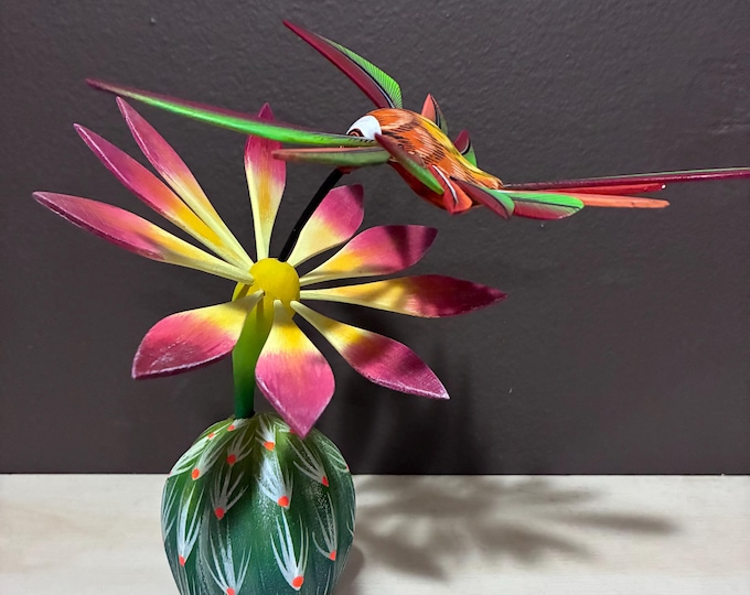Handcrafted Alebrije Flowering Cactus with Hummingbird Woodcarving from Oaxaca, Mexico