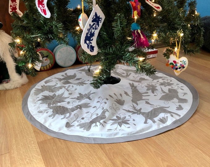 3’ diameter - Hand embroidered Otomi Christmas Tree Skirt on pure white muslin cotton with Silver grey border from Hidalgo, Mexico