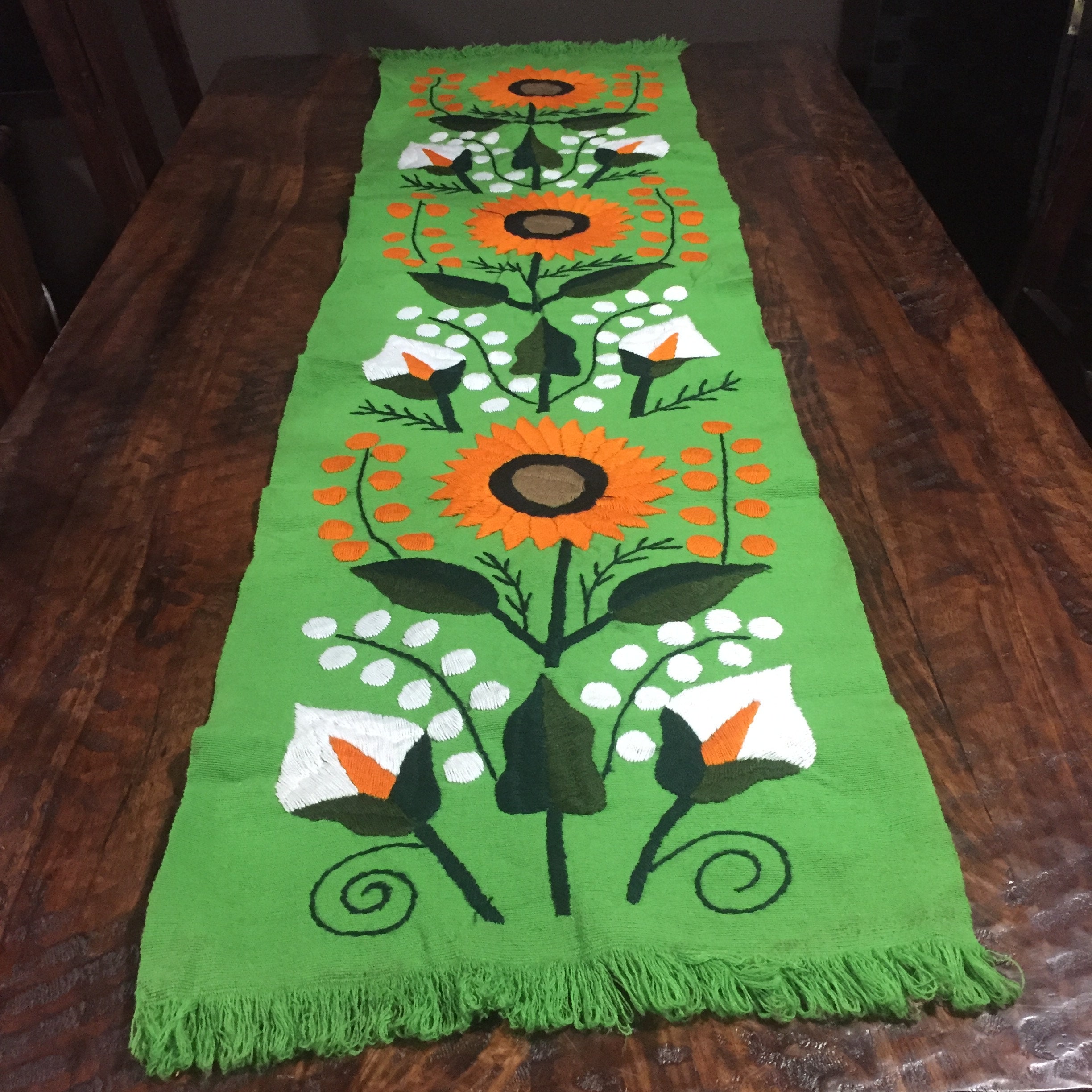 Hand Embroidered Green Mexican Table Runner with Sunflowers