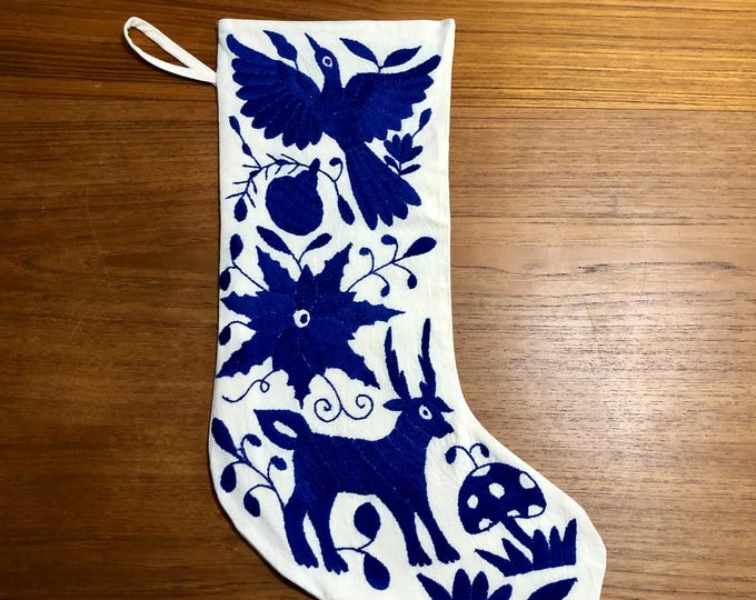 Hand Embroidered Otomi Large Christmas Stocking with Blue Embroidery from Hidalgo, Mexico (Off-White Cotton)