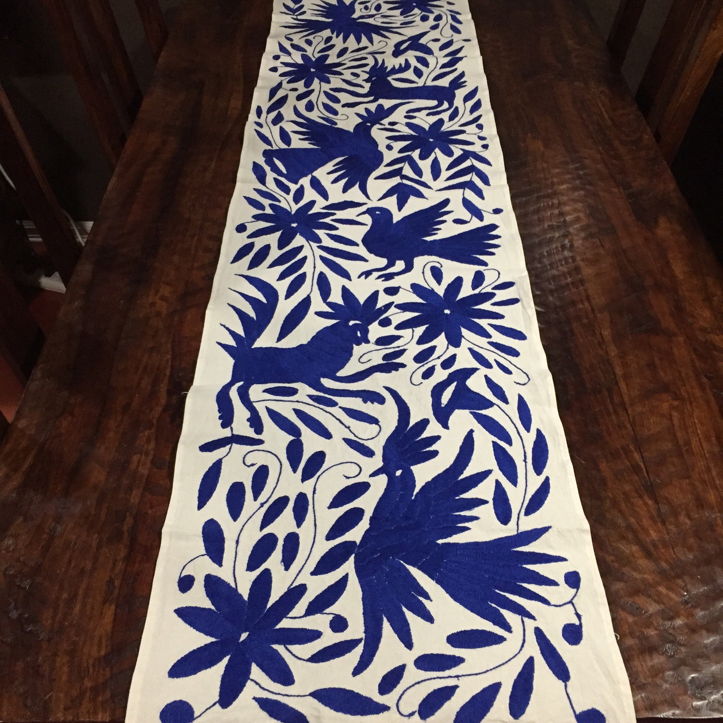 Otomi Hand Embroidered Table Runner or Bed Scarf Blue
