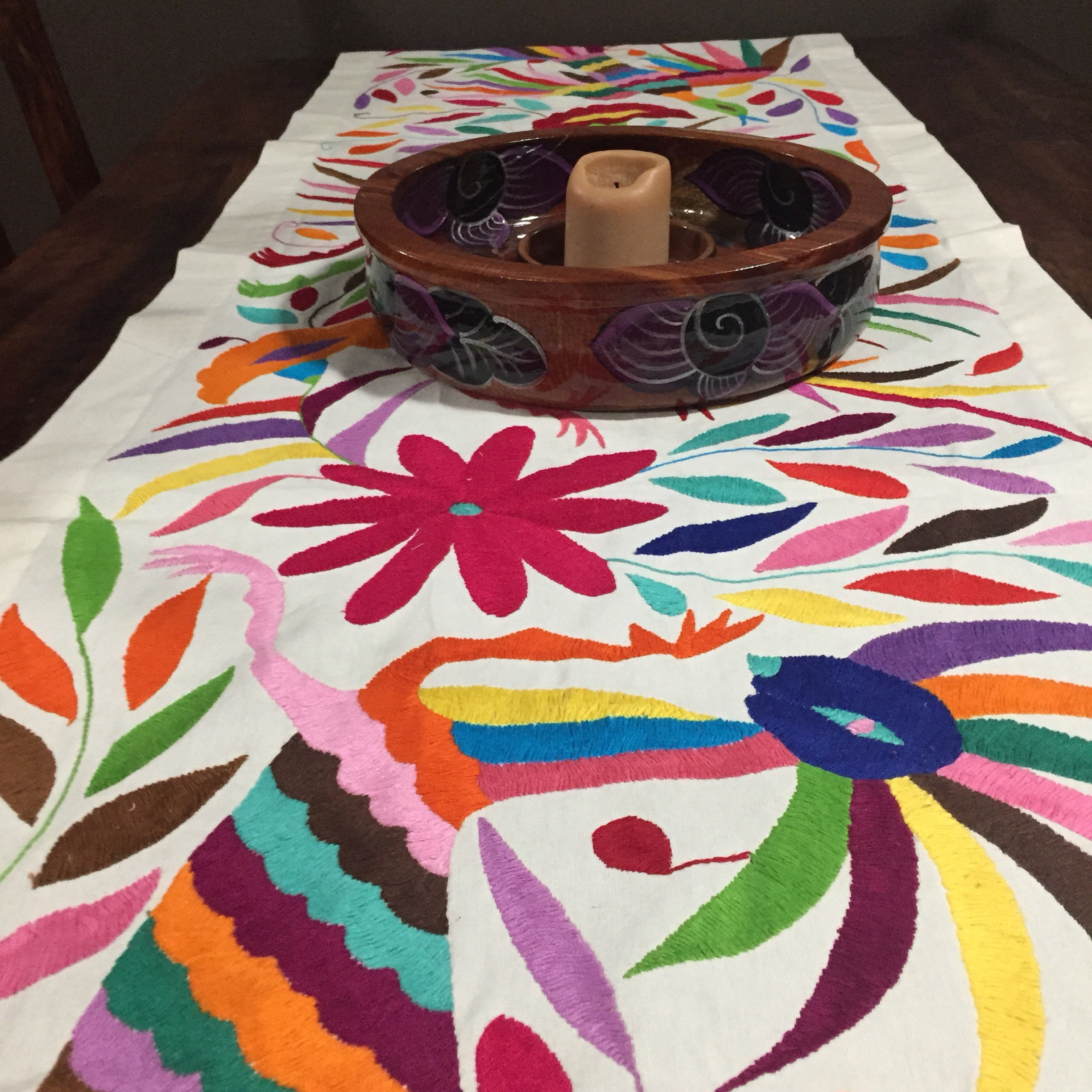 Large mexican Otomi hand embroidered bed scarf runner partial coverlet