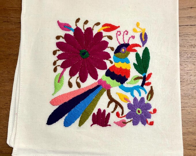 Otomi hand embroidered approx. 17” x 17" muslin napkin - with bird multi-colored