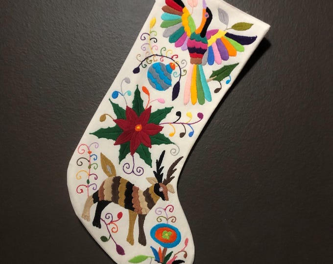 Hand Embroidered Otomi Christmas Stocking: Multicolor Embroidery Animals and Flowers