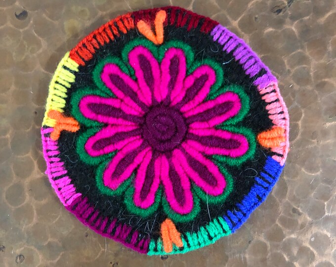 Hand Embroidered Drink Coaster from San Cristobal de las Casas, Chiapas, Mexico (4.25” diameter)