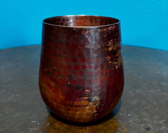 Hammered Solid Copper 14oz Stemless Cup with Fire Red Patina Finish