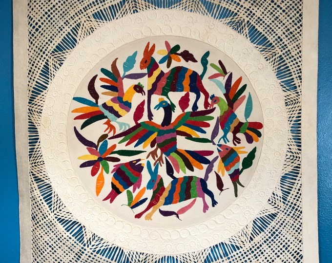 Amate Paper Wall Art with Otomí Hand Embroidered Multicolor Animals and Flowers by Andrés de la Loma (Pahuatlán Puebla Mexico) - 39” x 39”