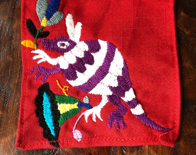 Otomi hand embroidered muslin coaster/cocktail napkin/frame-able art with multicolor animal design approx.  (4.5” x 4.5”)