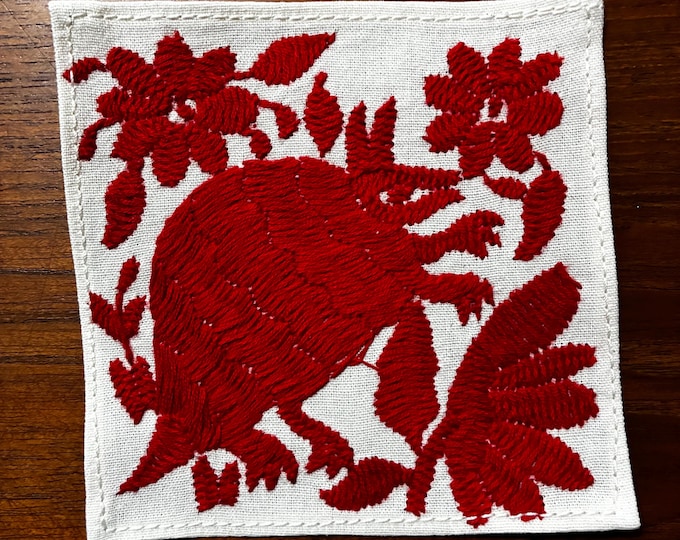 Otomi hand embroidered muslin cotton coaster / cocktail napkin / frame-able art with red animal and flowers. (4 1/4” x 4 1/4”)