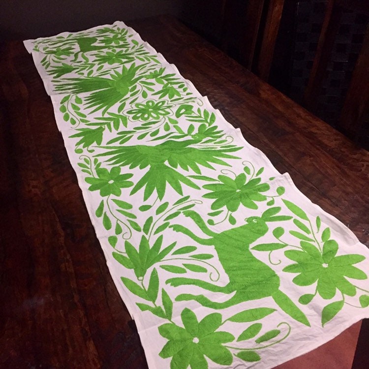 Otomi Hand Embroidered Table Runner /Bed Scarf / Frameable Art Lime