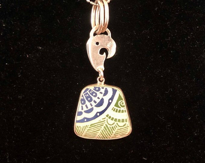 One of a Kind Mata Ortiz Sterling Silver Pendant - unique indigenous ceramic pottery shard set in a .950 pure silver bezel