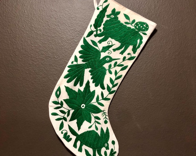 Hand Embroidered Otomi Christmas Stocking: Green Embroidery