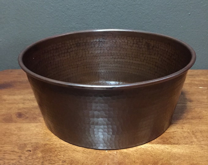 Large Hammered Copper Pet Water Bowl with Brown Patina