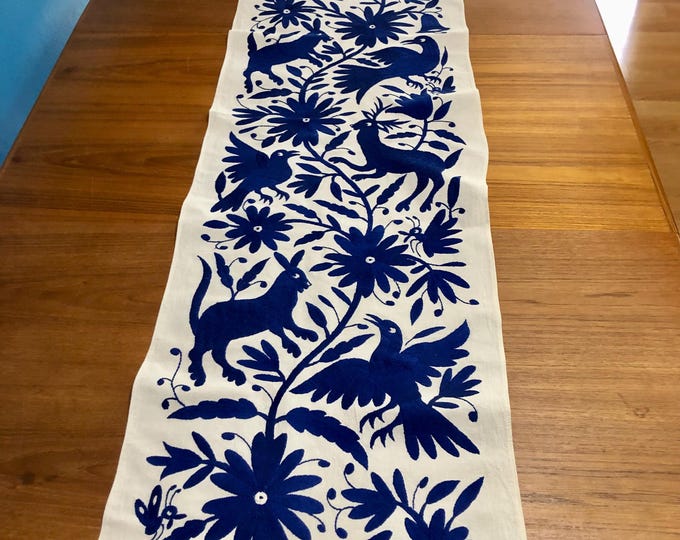 Otomi Hand Embroidered Table Runner /Bed Scarf /  Frame-able Art with Blue Embroidery (approx. 75" x 17")