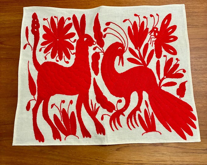 Hand Embroidered Otomi Placemat: Red Mexican Folk Art