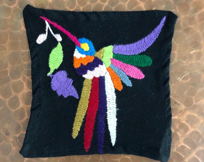 Otomi hand embroidered muslin coaster/cocktail napkin/frame-able art with multicolor bird design approx.  (4.5” x 4.5”)
