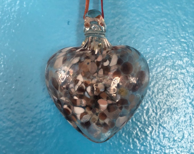 Hand Blown Glass Heart Ornament with Purple and White Confetti Design