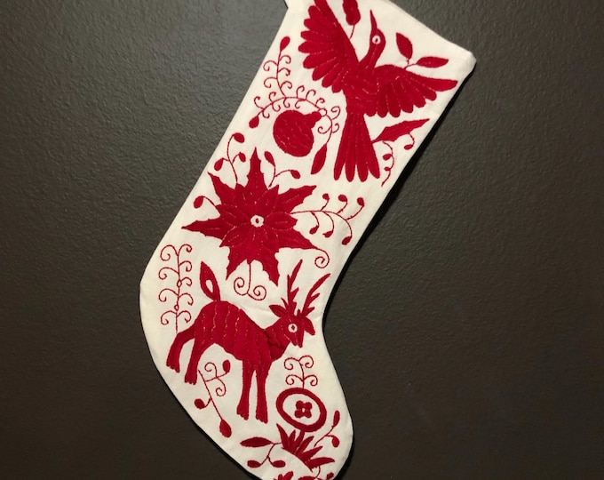 Hand Embroidered Otomi Christmas Stocking: Red Embroidery, Mexican Folk Art