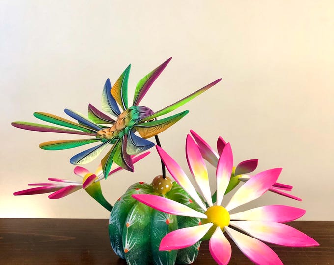 Handcrafted Alebrije Flowering Cactus with Hummingbird Woodcarving from Oaxaca, Mexico