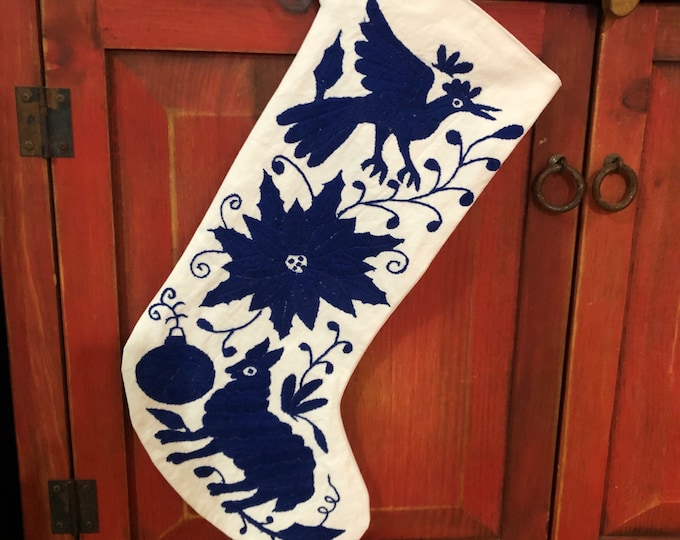 Hand Embroidered (White Cotton) Otomi Large Christmas Stocking with Indigo Blue Embroidery from Hidalgo, Mexico