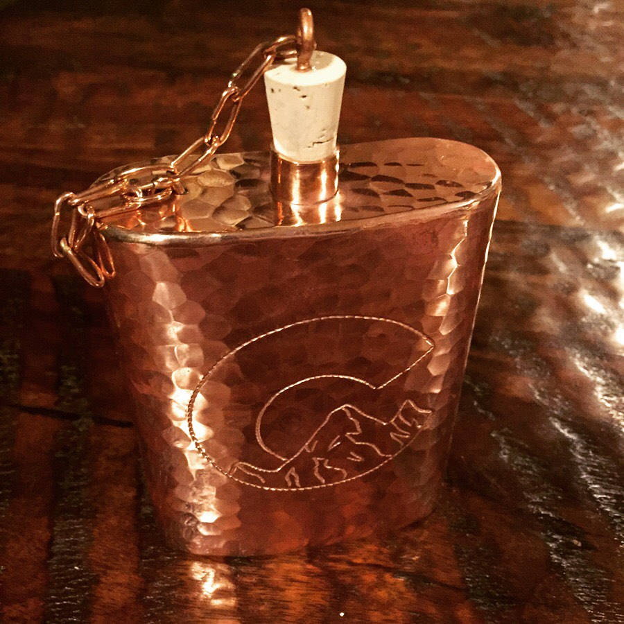 Handcrafted pure hammered copper 12 oz flask w/ Colorado mountain engraving