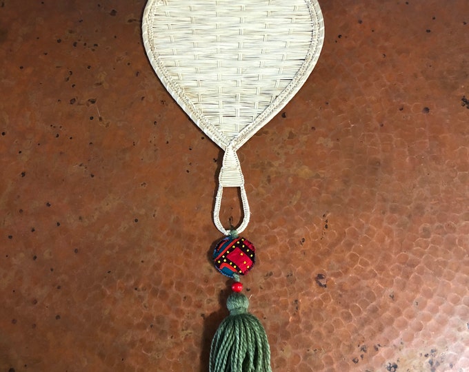 Hand Woven Palm Fan with Hand-Stitched Kuna Mola Art Adornment