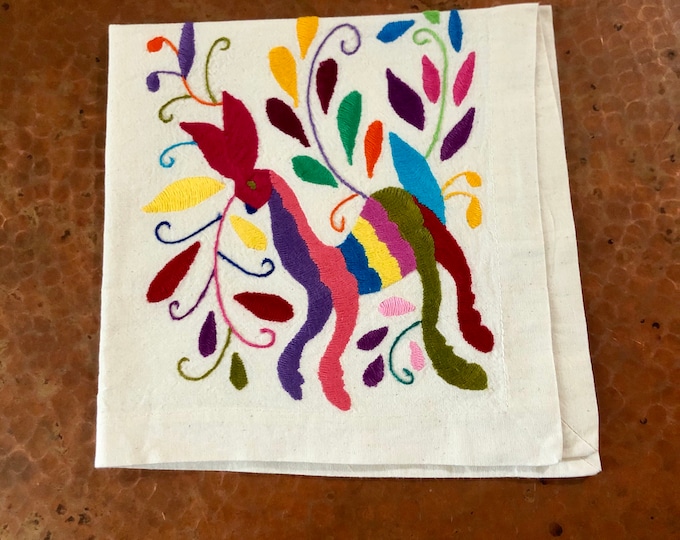 Otomi hand embroidered 19" x 19" muslin napkin - with spirit animal - multi-colored