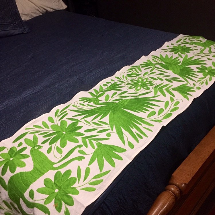Otomi Hand Embroidered Table Runner /Bed Scarf / Frameable Art Lime