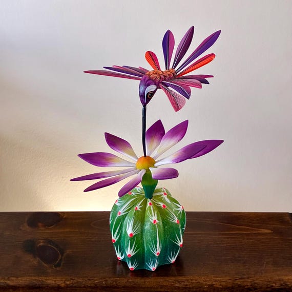 Handcrafted Alebrije Flowering Cactus With Hummingbird Woodcarving