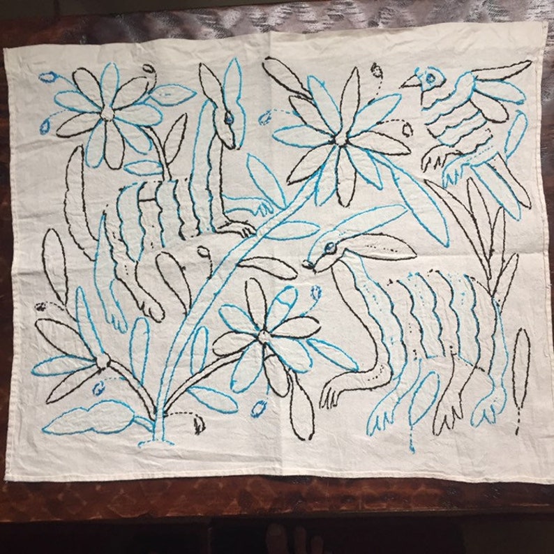Turquoise and Black approx. 17 x 13 Hand embroidered Otom\u00ed placemat frame-able art