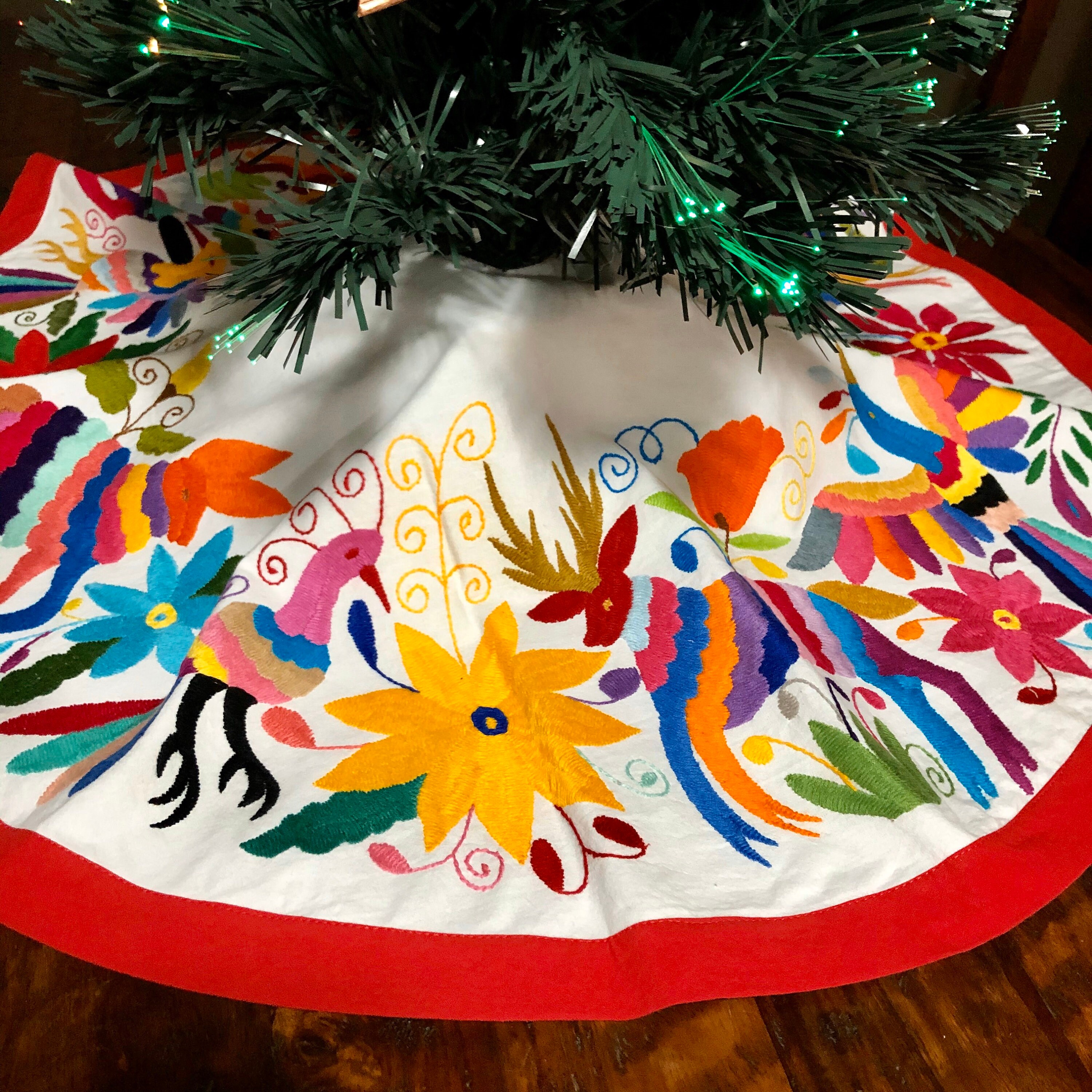 Hand embroidered Otomi Christmas Tree Skirt from Hidalgo, Mexico