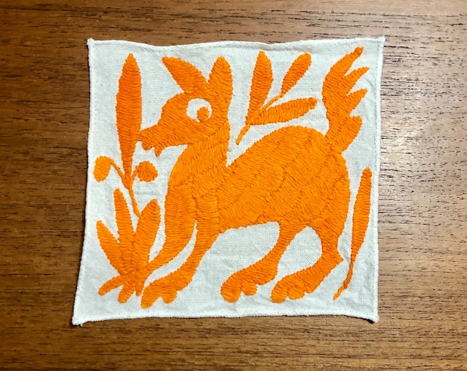 Otomi hand embroidered muslin coaster / cocktail napkin / frame-able art with orange spirit animal.