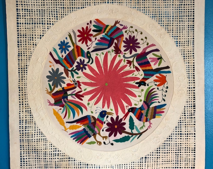 Amate Paper Wall Art with Otomí Hand Embroidered Multicolor Animals and Flowers by Andrés de la Loma (Pahuatlán Puebla Mexico) - 39” x 39”