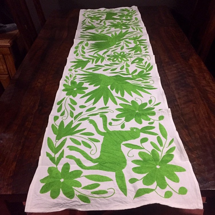 Otomi Hand Embroidered Table Runner /Bed Scarf / Frameable Art Lime