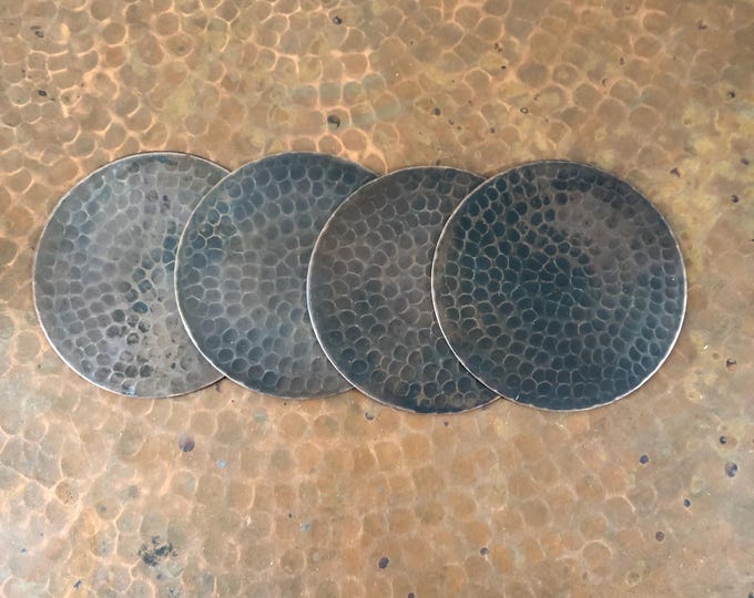 Set of 4 Hammered Copper Coasters with brown patina and cork backing