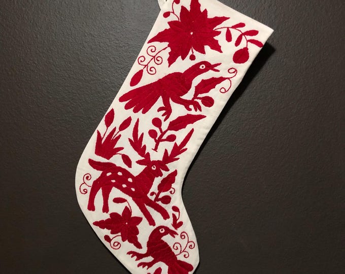 Hand Embroidered Otomi Christmas Stocking: Red Embroidery, Mexican Folk Art