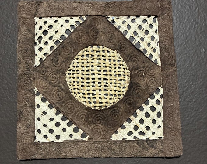 Handmade 8” x 8” Amate Bark Paper Wall Art: Braided Detail, Natural Tones
