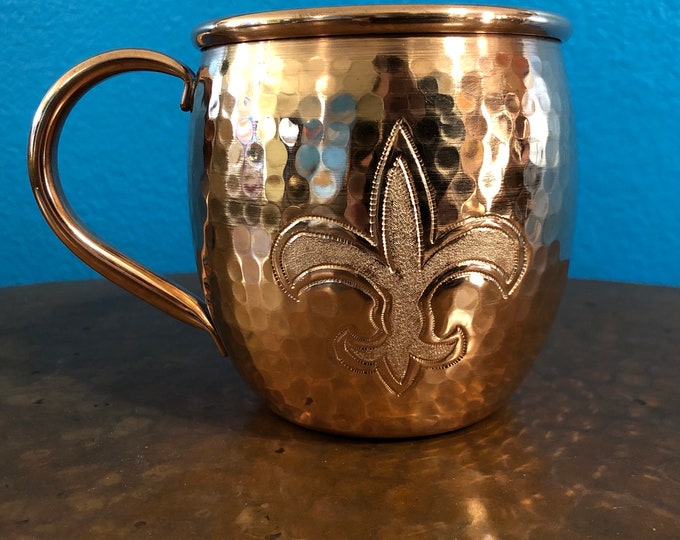 16oz Moscow Mule Hammered Copper Barrel Mug with Fleur de Lis logo