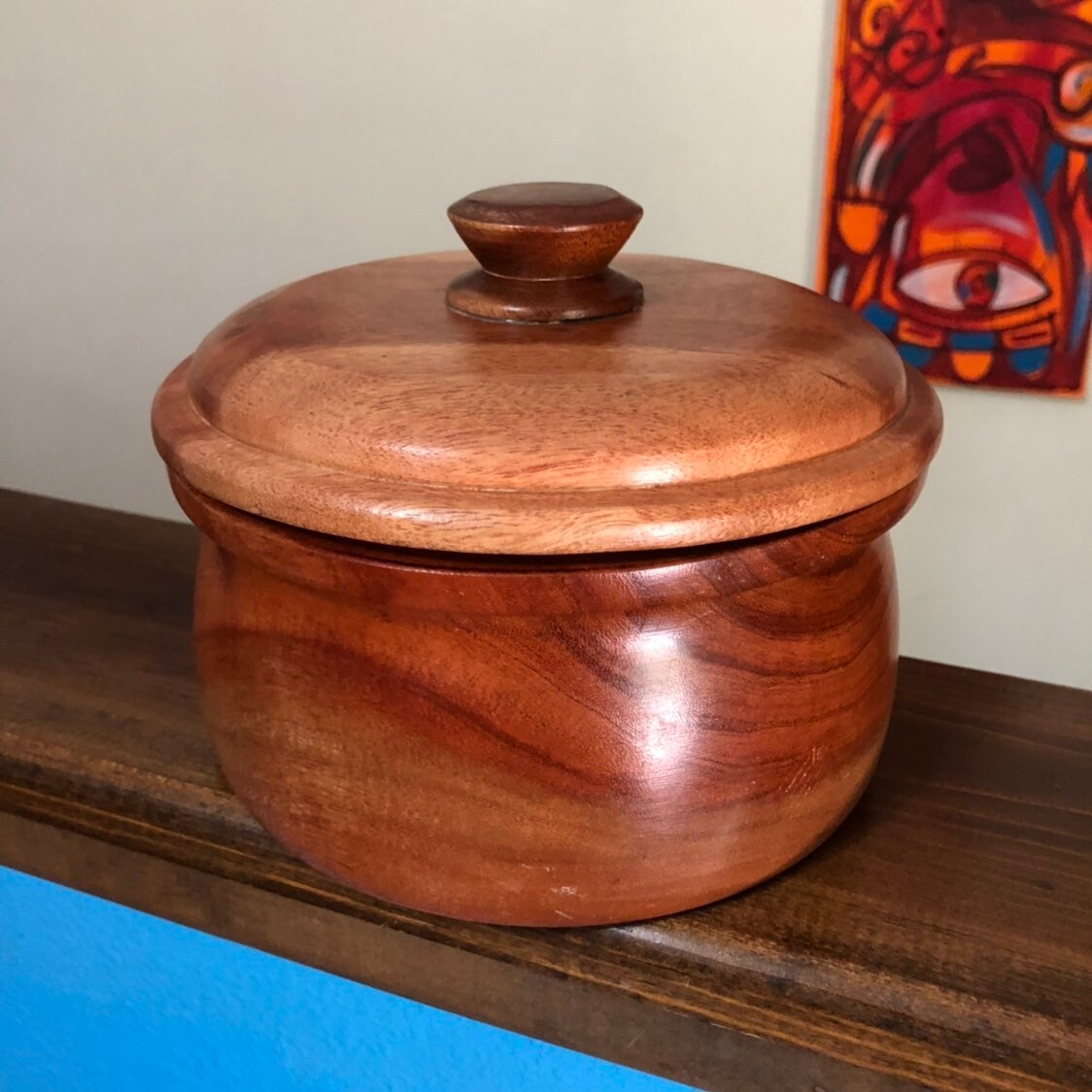 Hand carved wood serving bowl with lid made of Guamuchil wood from Mexico