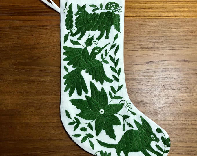 Hand Embroidered Otomi Large Christmas Stocking with Forest Green Embroidery from Hidalgo, Mexico (Off-White Cotton)